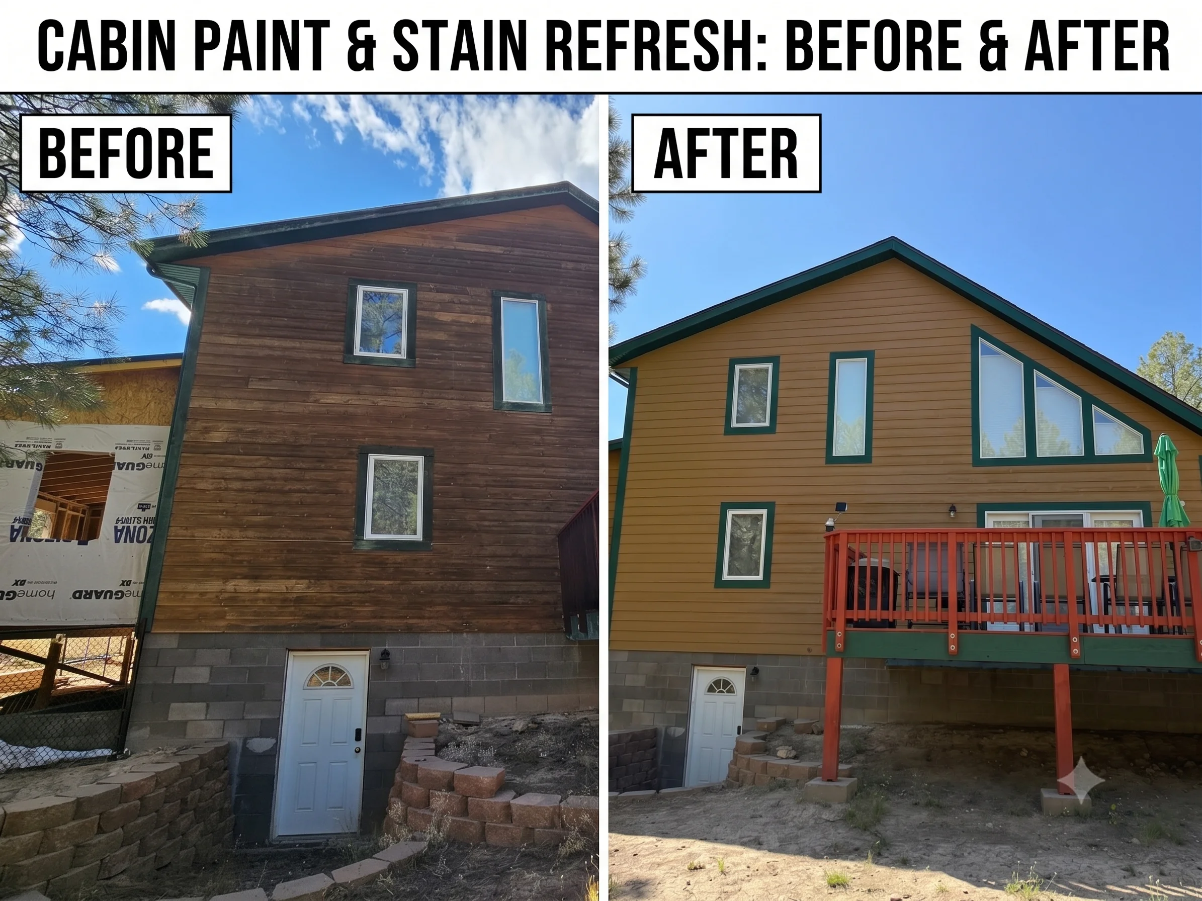 Wood cabin exterior with tan stain on siding, green trim, and red deck railings after paint and stain refresh