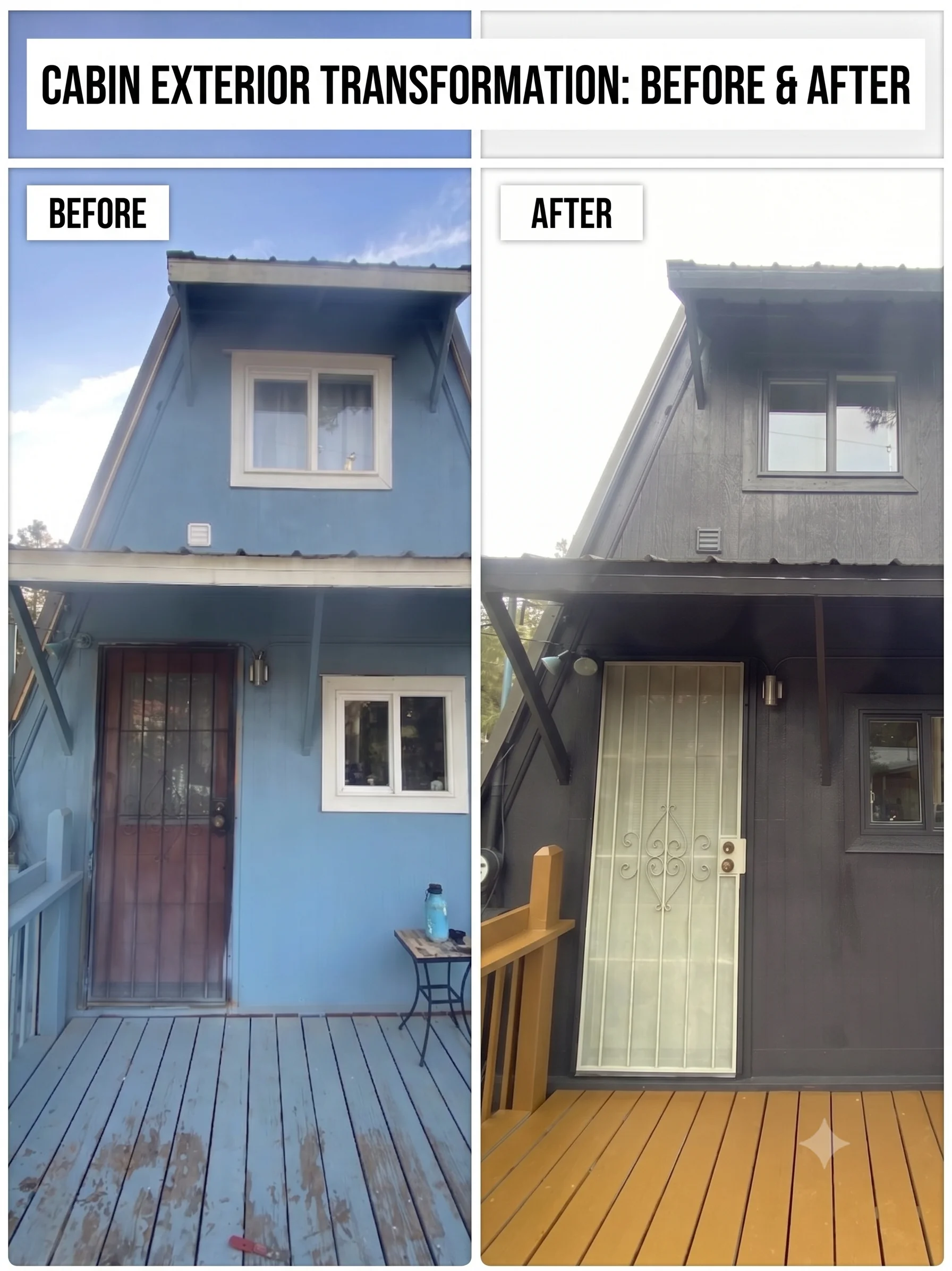 Cabin exterior before and after: blue siding transformed to charcoal gray with new door, windows, and stained deck