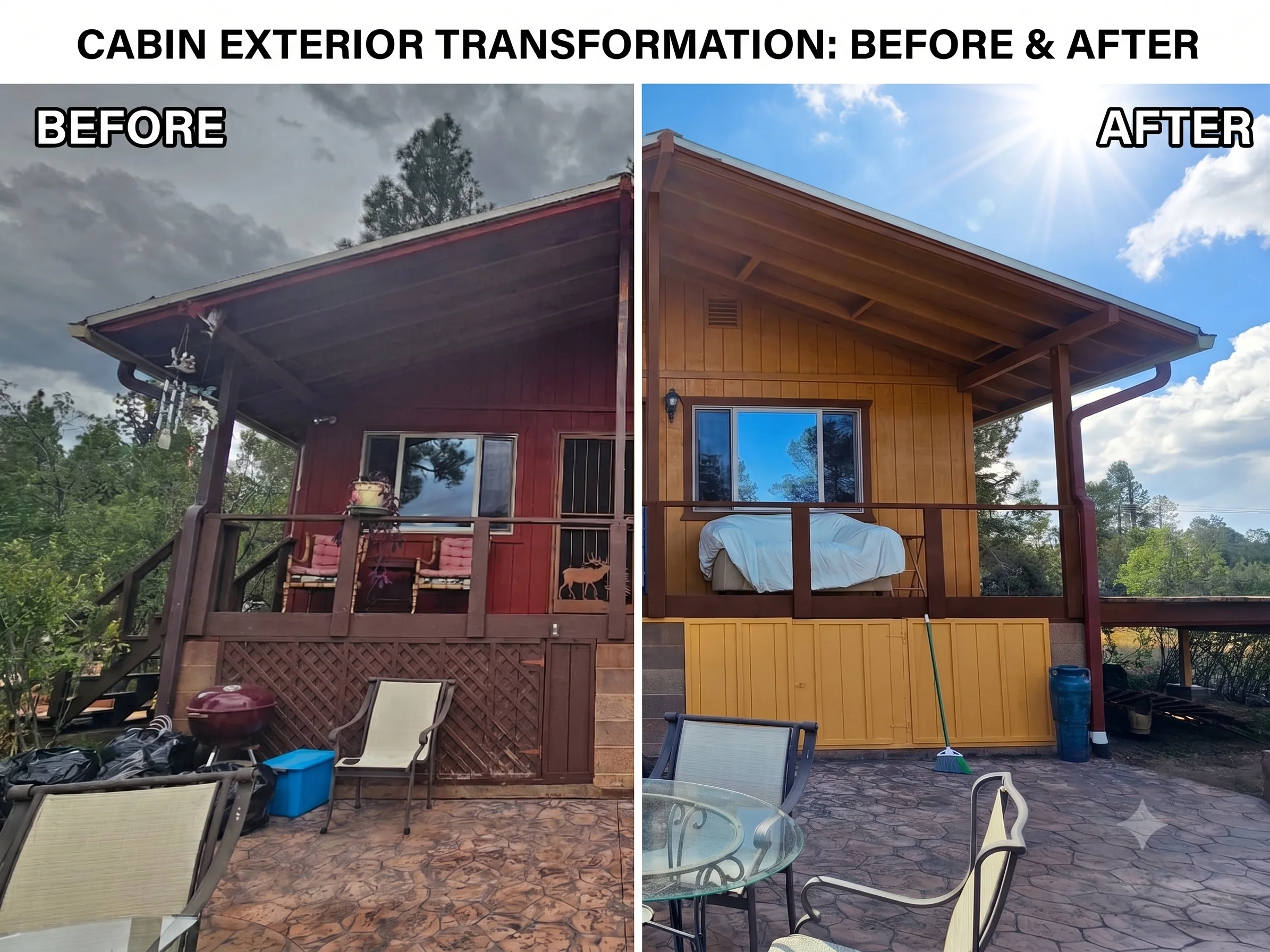 Cabin exterior with golden-brown stained wood siding, porch, and trim after professional staining