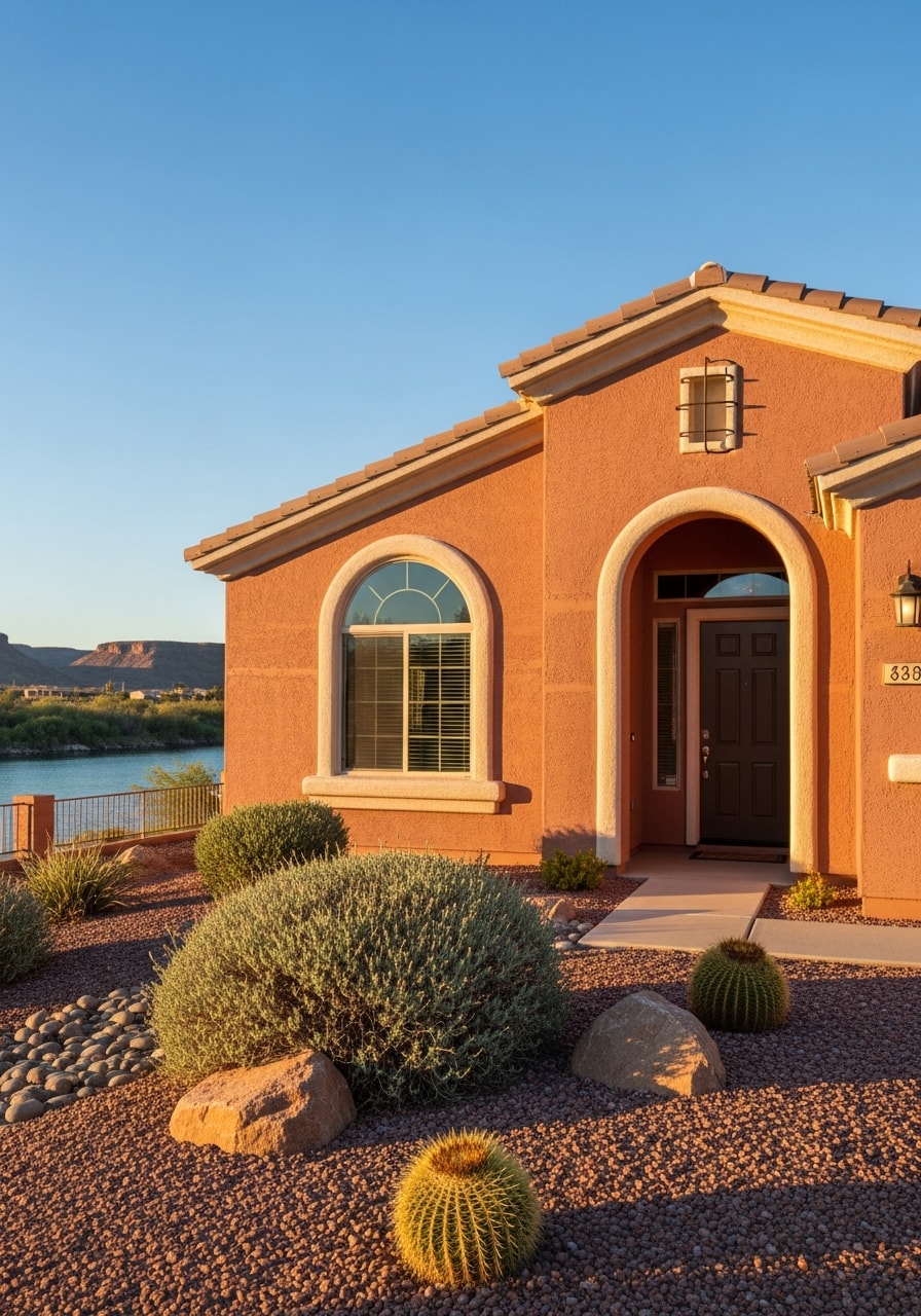 Portrait-style image of a Bullhead City home with river views and mature desert landscaping.