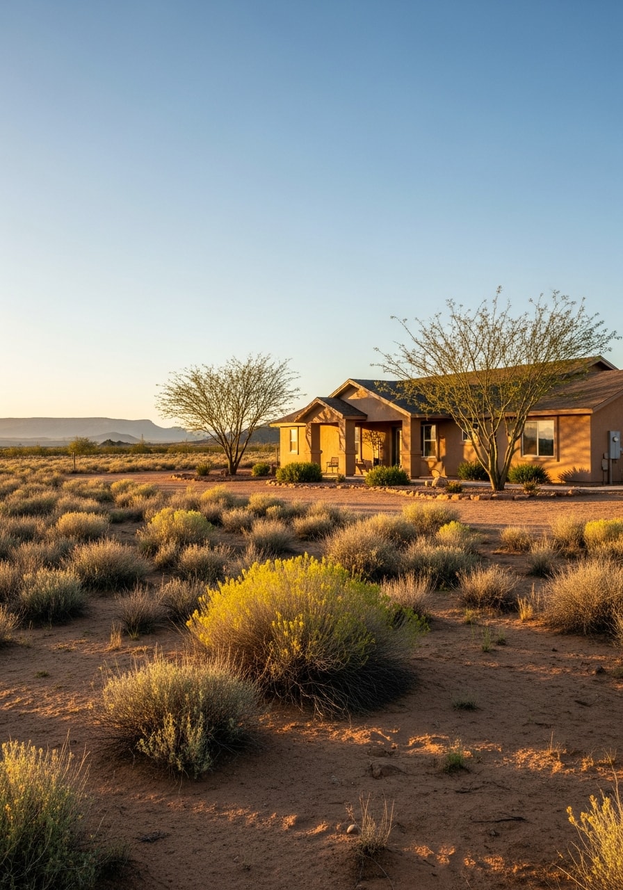 Portrait of a Golden Valley rural property with desert landscaping and open sky.