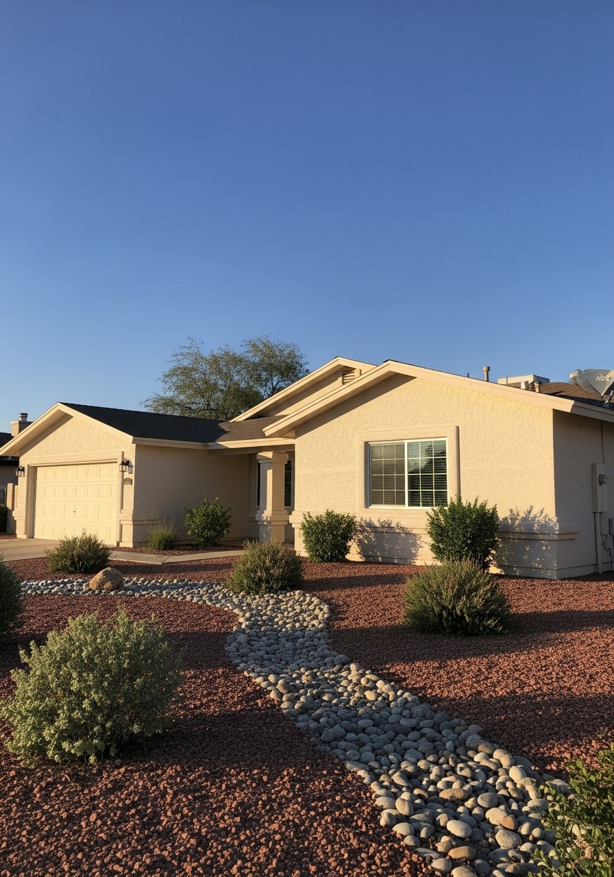 Close-up of a residential home in a Kingman neighborhood with desert landscaping and clear blue sky.