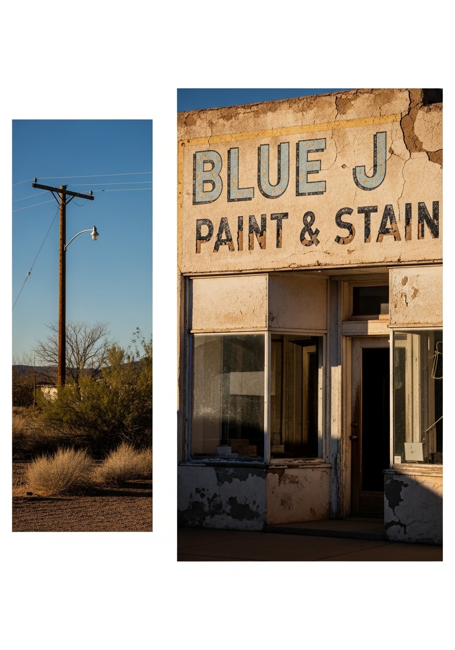 Portrait of a historic Seligman home or building with Route 66 character and desert setting.