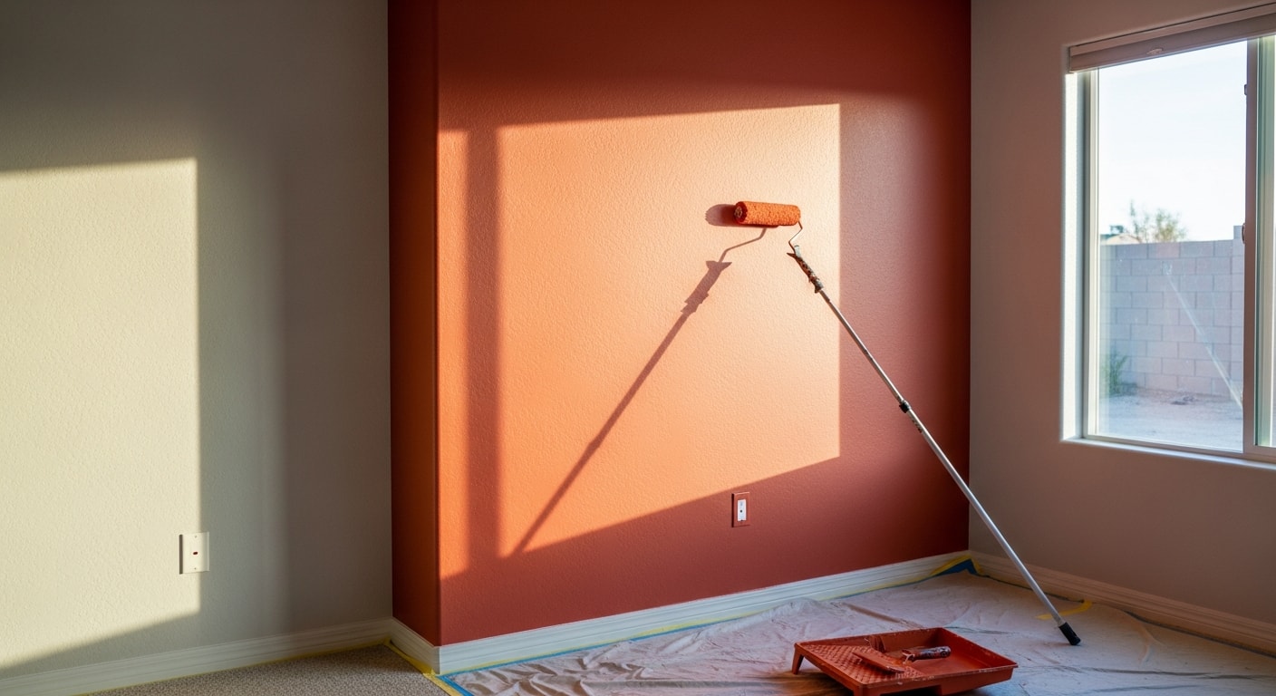 A freshly painted deep terracotta accent wall in a Kingman home living room, with clean edges along white trim and a neutral adjacent wall. The finish is smooth and even, showing the contrast between the bold focal wall and the surrounding painted surfaces.