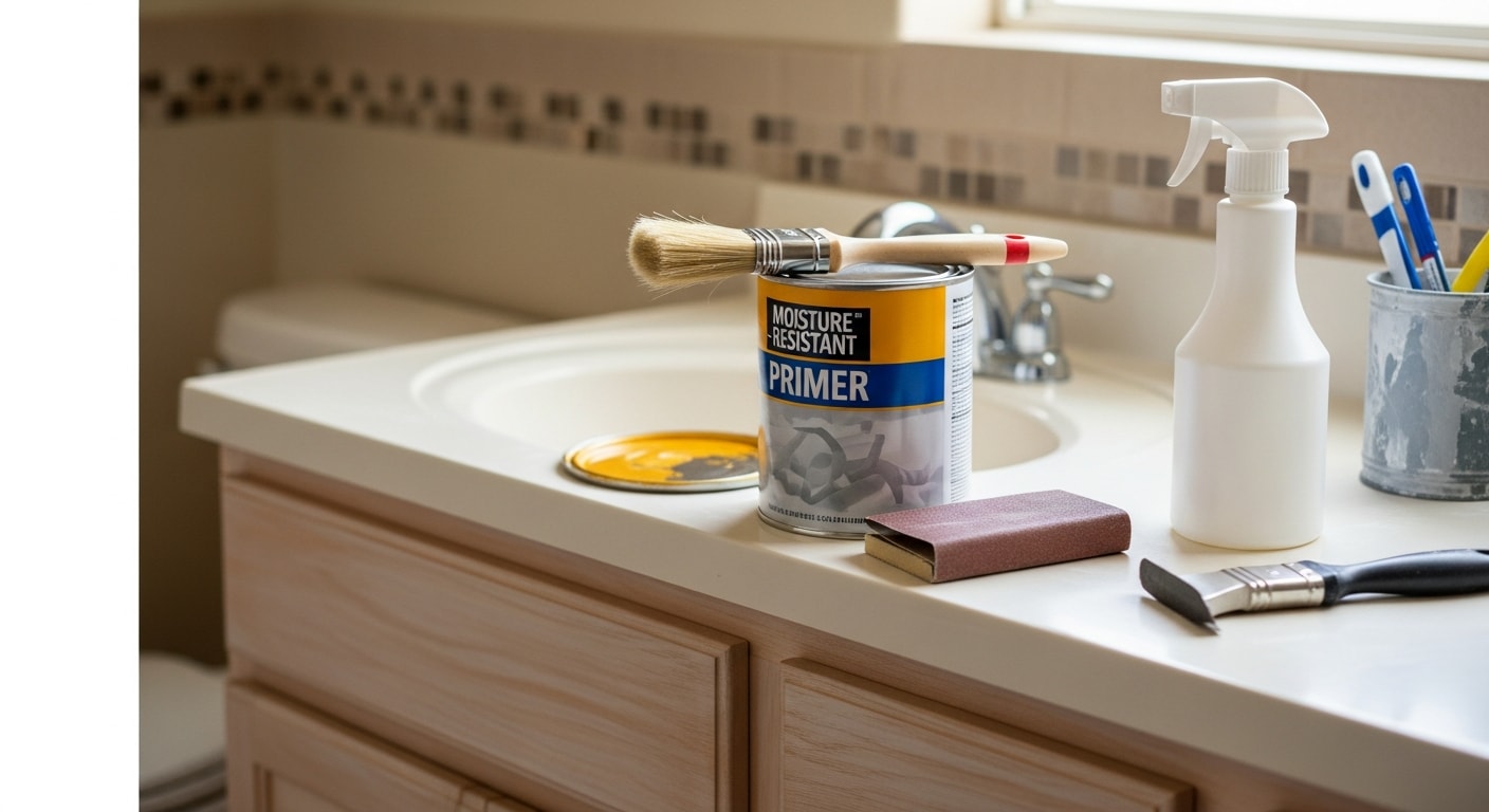 Freshly painted white bathroom vanity cabinets with a smooth semi-gloss finish in a Kingman home. Cabinet doors and frames show clean, even coverage with no brush marks or peeling at the edges.