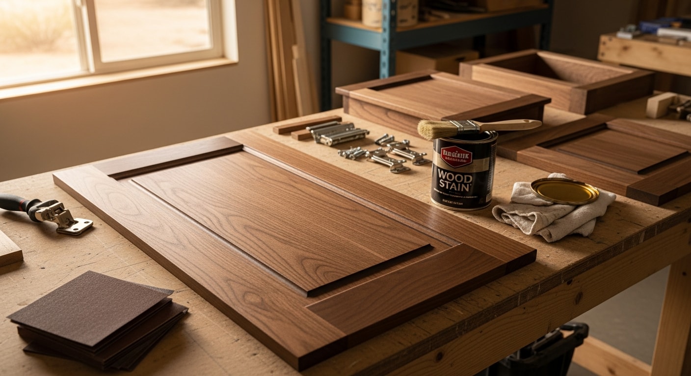 Freshly stained wood kitchen cabinets in a Kingman home showing even grain color and a smooth sealed finish on doors and frames. Close-up view of cabinet door surface after professional staining service by Blue J Paint & Stain.