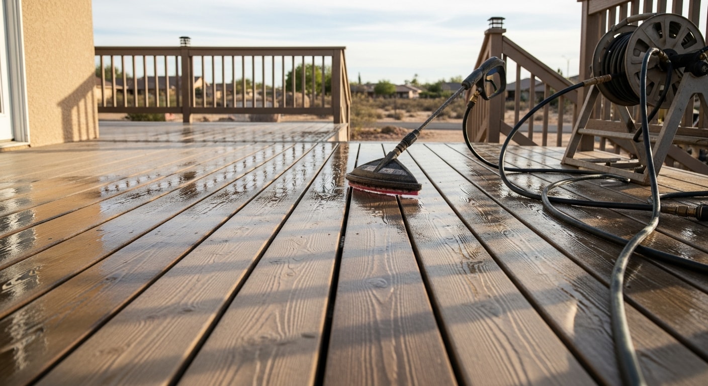 A wood deck in Kingman, Arizona shown after professional pressure washing, with clean boards free of gray oxidation, dirt, and algae staining. The surface is visibly open-grained and ready for stain application in a high-desert residential backyard setting.