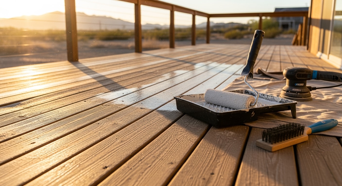 A freshly painted wood deck on a residential home in Kingman, Arizona, with an even coat of solid color stain and clean board edges visible in bright desert sunlight. The surrounding yard shows a typical high desert landscape with dry gravel ground cover.