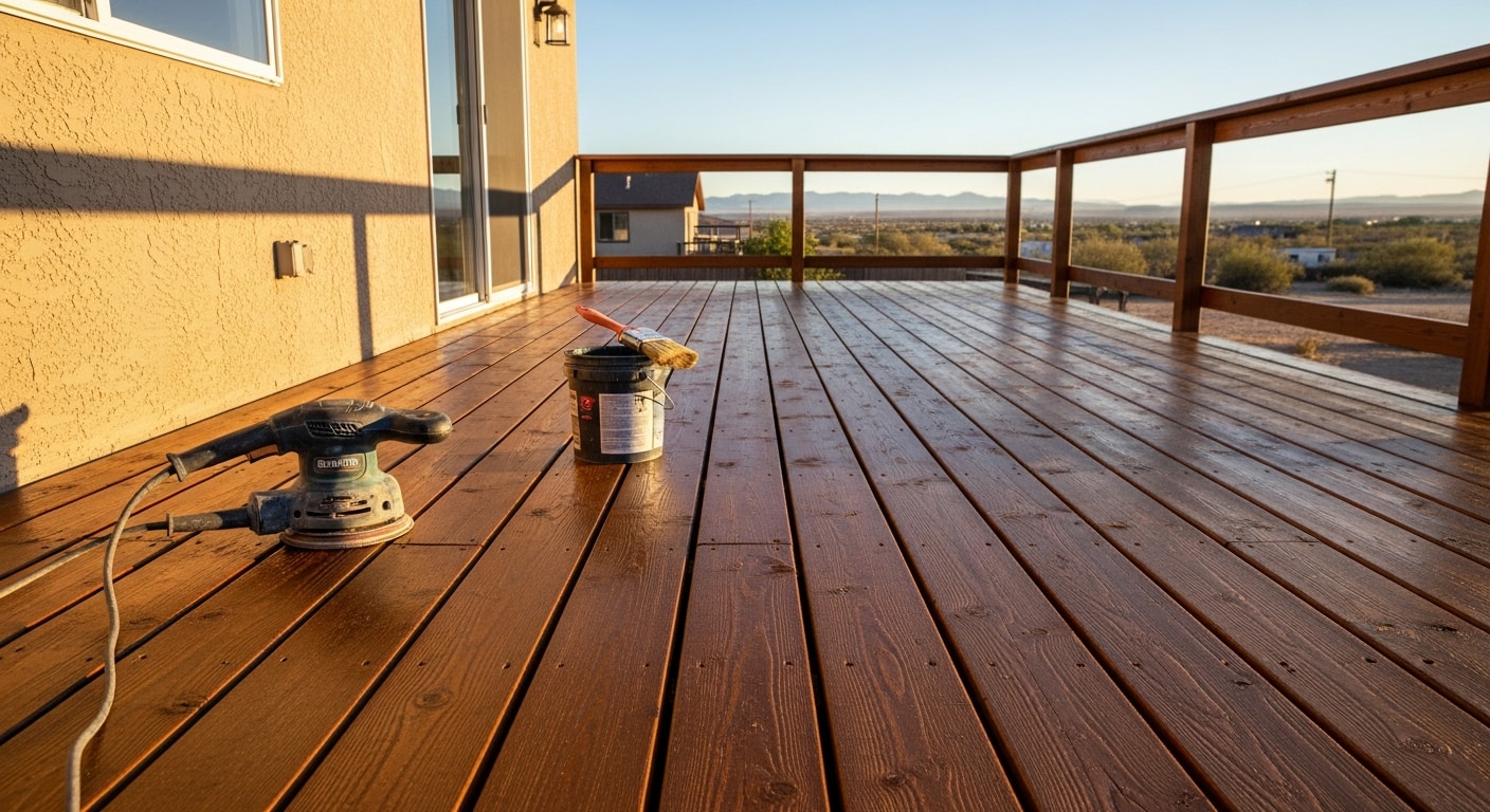 A refinished wood deck at a Kingman, AZ home showing freshly stained boards with an even, clean finish. The deck surface is smooth and free of peeling or graying wood typical of sun-damaged outdoor structures in the Arizona desert.