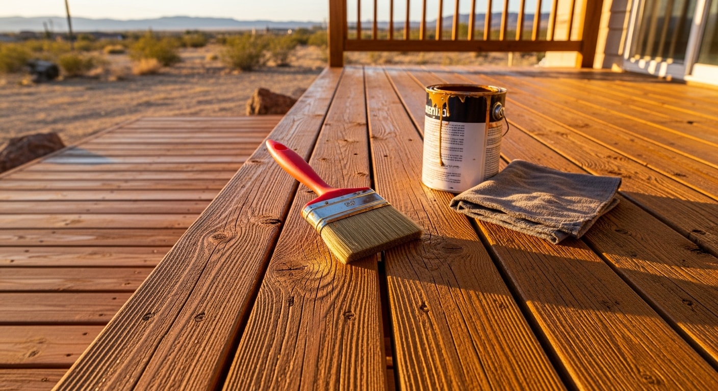 A freshly stained wood deck on a Kingman, AZ home with even color coverage across the boards, railings, and stairs. The deck sits under a clear desert sky, showing clean stain penetration with no peeling or gray weathering visible.