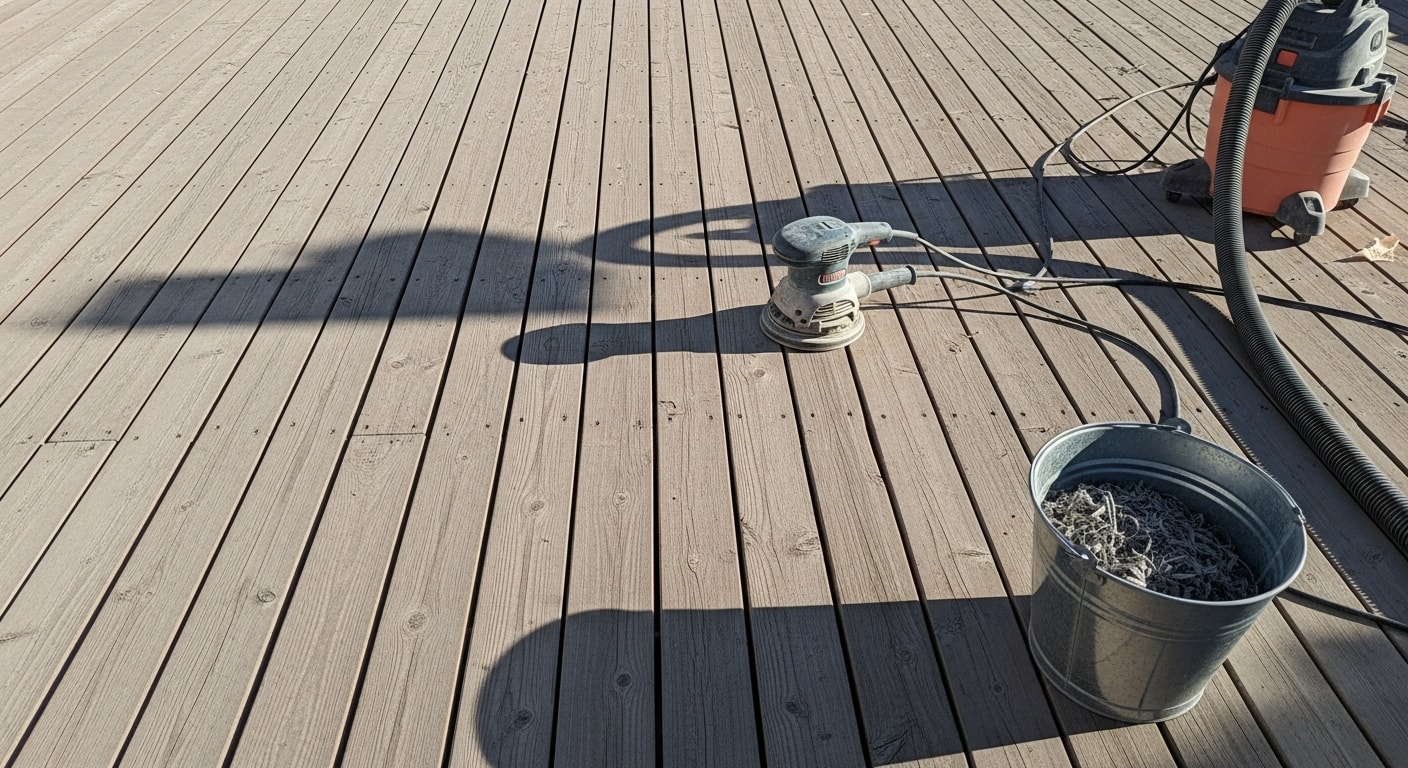 A Kingman, AZ residential wood deck mid-preparation, showing a freshly sanded and cleaned surface with old gray wood removed and smooth boards ready for staining. Blue J Paint & Stain crew equipment visible on the deck surface.