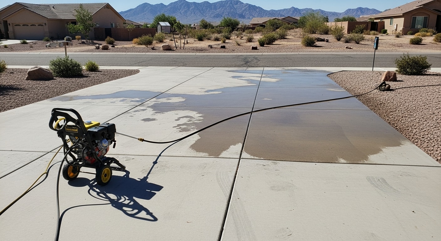 A residential concrete driveway in Kingman, Arizona shown after pressure washing, with clean edges and no visible dust, tire marks, or staining. A pressure washing wand is visible at the edge of the frame, showing active cleaning of the surface apron near the street.