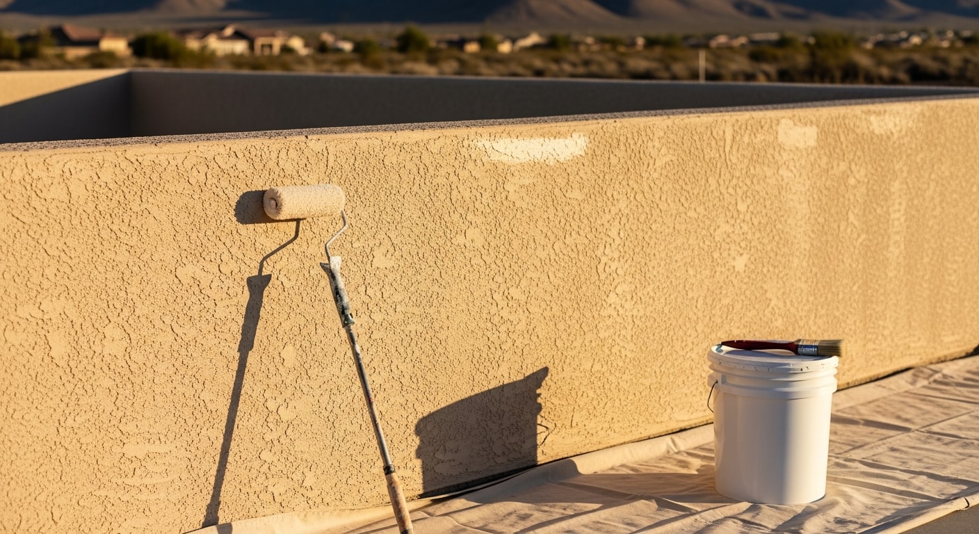 A freshly painted single-family home exterior in Kingman, Arizona, with clean trim lines and a smooth stucco finish under a clear desert sky. The home shows no peeling or fading, reflecting a completed exterior painting job in the high desert climate.