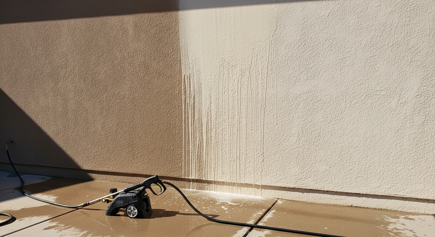 A Kingman, AZ stucco home exterior being pressure washed, showing the contrast between the clean white surface and the dust-stained section still to be cleaned. Desert landscaping and a concrete block perimeter fence are visible in the background.