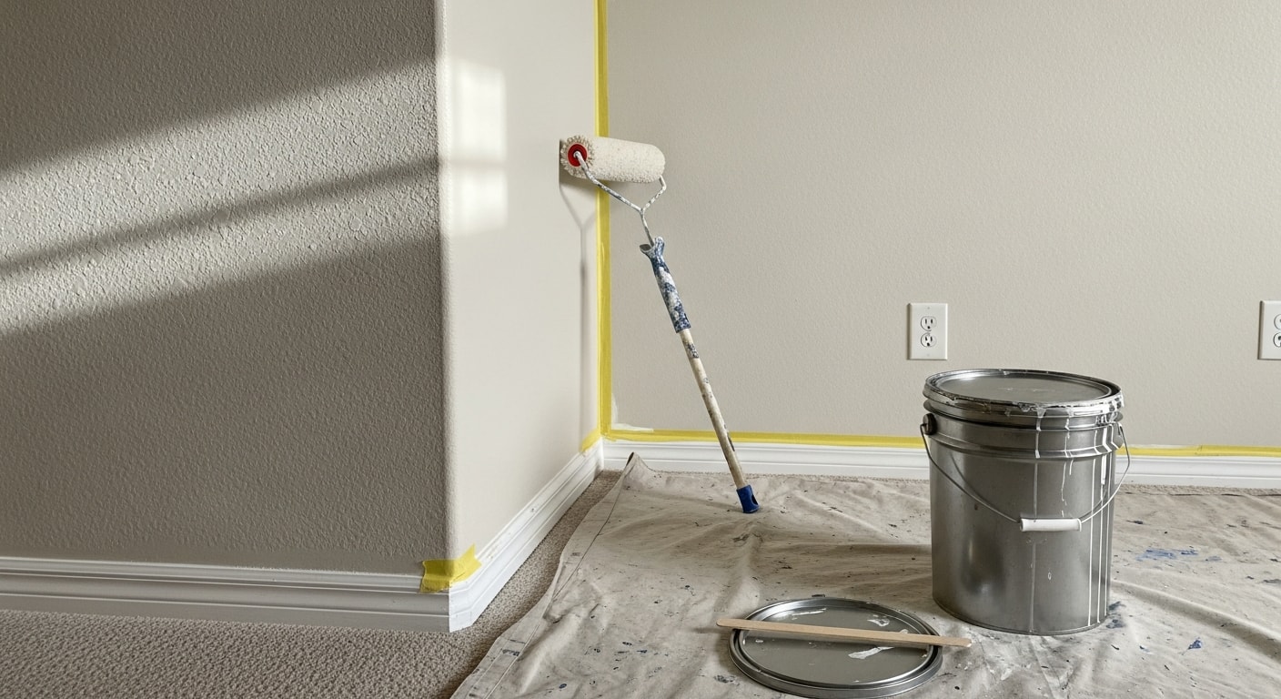 Interior living room walls freshly painted in a single-family home in Kingman, Arizona, with clean trim lines and even coverage throughout. A Blue J Paint & Stain crew member cuts in along the ceiling edge by hand in a well-lit desert-region home.