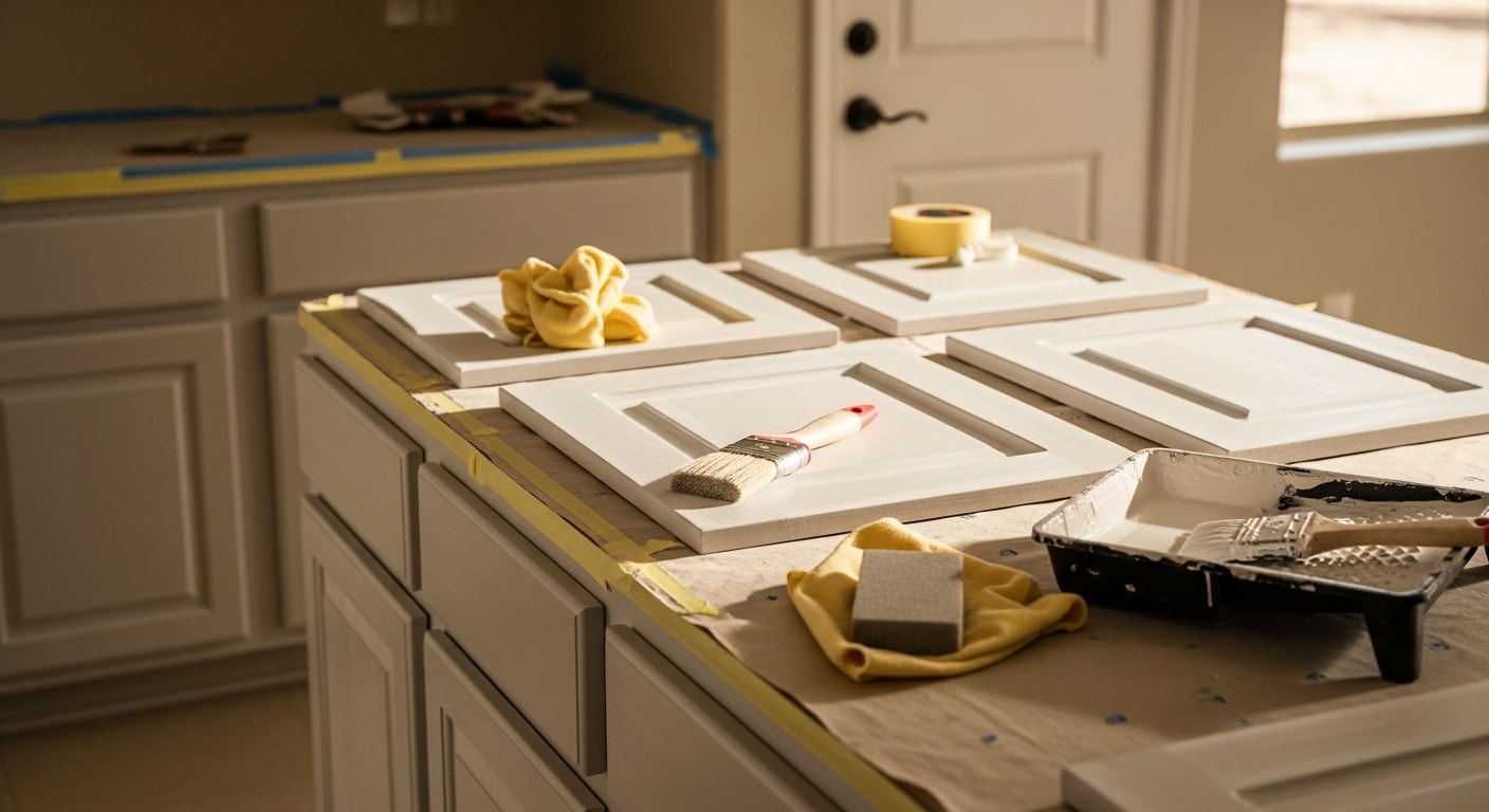 Freshly painted white kitchen cabinets with clean brush lines on door frames and drawer fronts inside a Kingman, Arizona home. Cabinet surfaces show an even, smooth finish coat with no visible brush marks or drips.