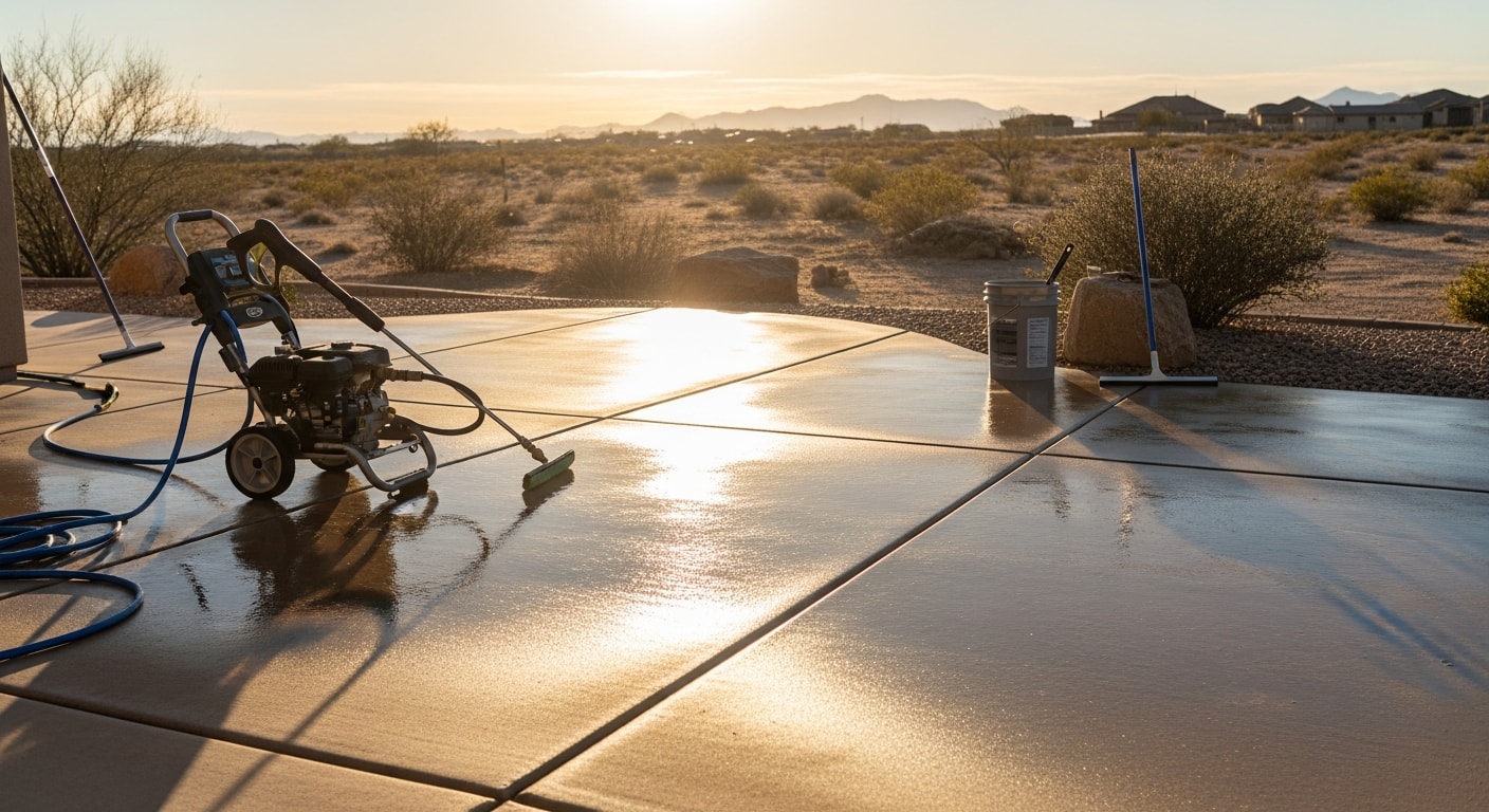 A residential concrete patio in Kingman, Arizona after professional pressure washing, showing a clean, evenly colored surface free of desert dust and dirt buildup. A pressure washing wand is visible at the edge of the frame with dry desert landscaping in the background.