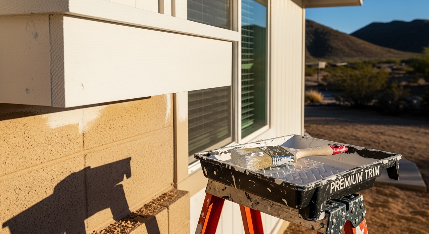 A Kingman, Arizona single-family home with freshly painted white exterior trim, including clean window frames and door casings, contrasting against a tan stucco wall under a clear desert sky. Close-up detail shows sharp paint lines along the fascia board and soffit with no peeling or fading.