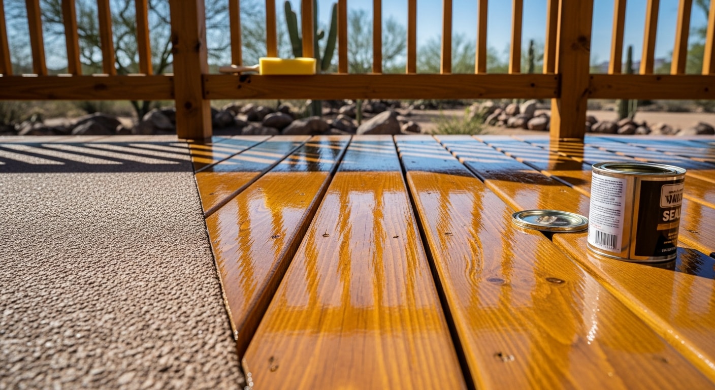 A freshly sealed wood deck on a Kingman, Arizona home with even color and smooth boards visible in bright desert sunlight. The surface shows clean grain detail and no signs of graying or cracking after professional sealing by Blue J Paint & Stain.